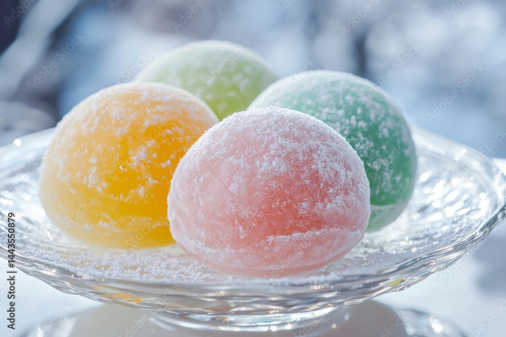 Colorful mochi desserts displayed on a glass plate in a bright setting during daylight hours