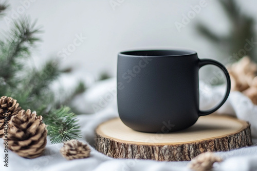 Wallpaper Mural Black Ceramic Mug on Wooden Slice with Pine Cones and Branches Torontodigital.ca
