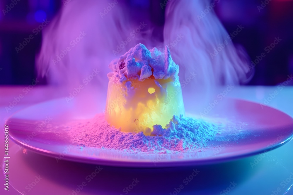 Colorful dessert with steam and whipped cream served in a restaurant at night in a vibrant atmosphere