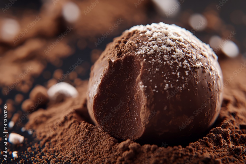Delicious chocolate truffle surrounded by cocoa powder, showcasing creamy texture and rich flavor in close-up view