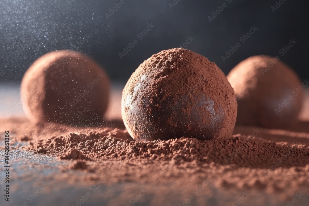 Chocolate truffles coated in cocoa powder and arranged on a dark surface create an elegant dessert display
