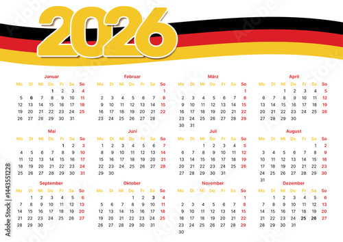 horizontal german calendar template 2026 modern wall calendar with flag