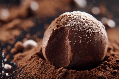 Delicious chocolate truffle surrounded by cocoa powder, showcasing creamy texture and rich flavor in close-up view