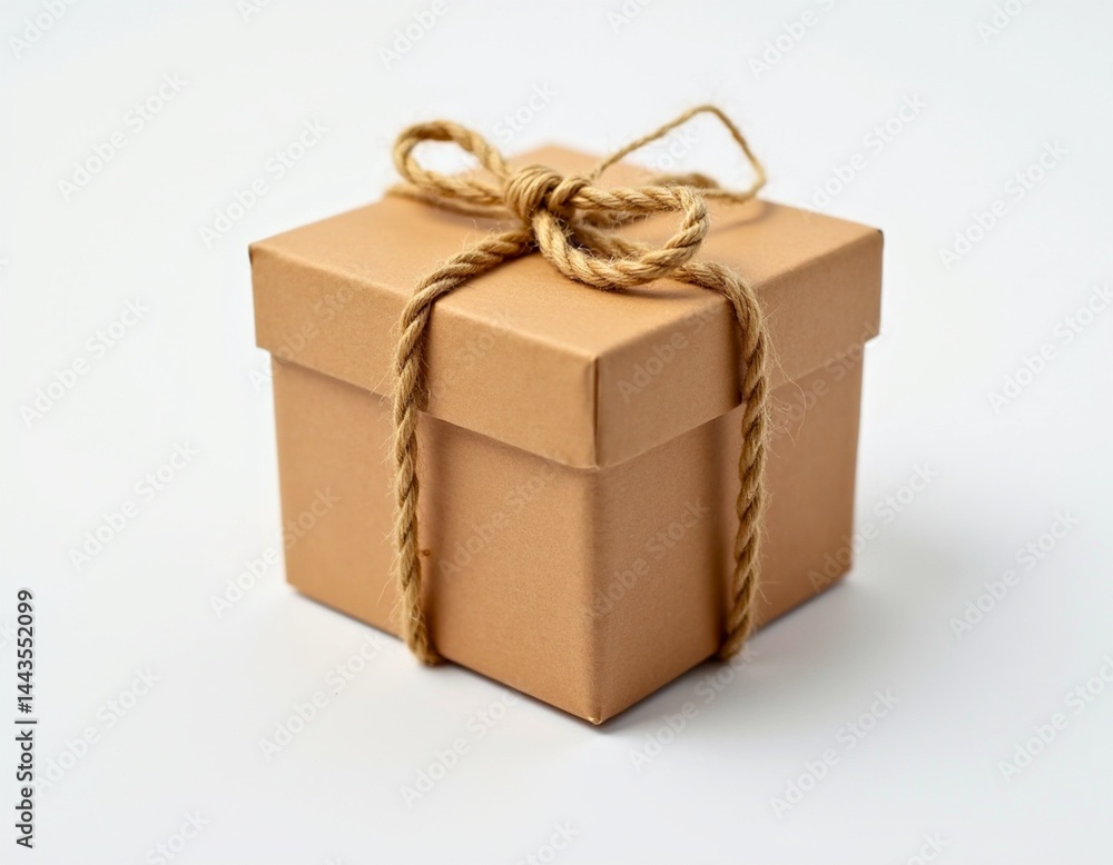 Obraz premium A brown gift box tied with a rope, isolated on a white background,Perfect for DIY Packaging, Zero-Waste Gifts, and Green Business Branding
