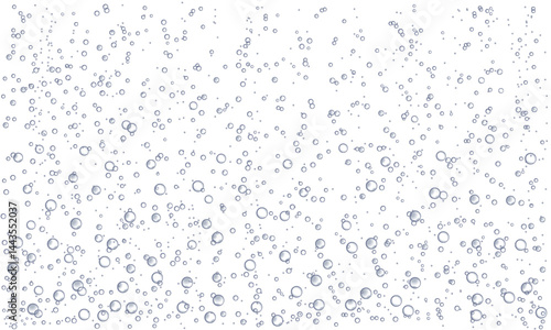 Oxygen air bubbles flow in water. Banner with fizzy drink, champagne or soda. Sea foam or effervescent drink. Design element for poster and print. Realistic vector illustration