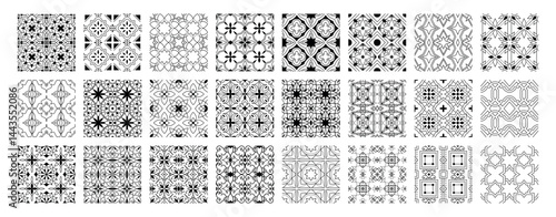 Set of Arabic Seamless Patterns. Black and white ornaments in traditional Arabic and Persian style with geometric shapes and floral symbols. Outline vector illustration