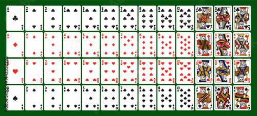 Poker playing cards. Full deck of playing cards for solitaire and digital computer games. Design elements for casino and gambling. Vector illustration collection