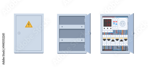 Electrical power switch panel. Electric Breaker Switchbox with opened and closed doors. Transformer with power supply equipment and contacts. Flat vector illustration collection