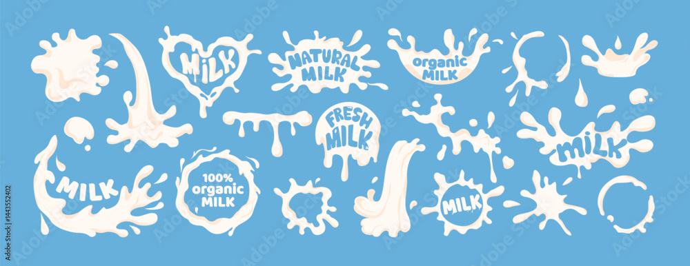 Fototapeta premium Dairy splashes logo. Set of drops, blots and stains of natural milk with lettering. Stickers or labels for dairy product design. Flat vector illustration collection