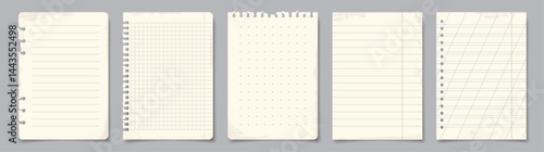 Torn paper sheets from notepad. Checkered or striped pages with texture. Design elements for poster and print. Notepaper for reminders. Realistic vector illustration collection