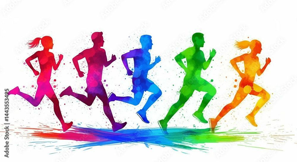 Marathon run. Group of running people, men and women. Colored silhouettes. Marathon run. Group of running people, men and women. Colored silhouettes.