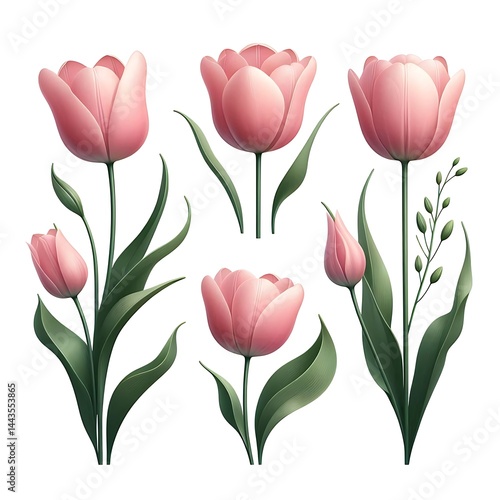 Wallpaper Mural Set of Delicate Pink Tulips in Bloom – Soft Floral Vector Illustration Featuring Tulip Flowers with Graceful Petals and Stems for Use in Spring and Nature Designs. Torontodigital.ca