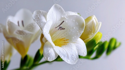 Fresh White Freesia Flowers with Water Drops on Soft Background