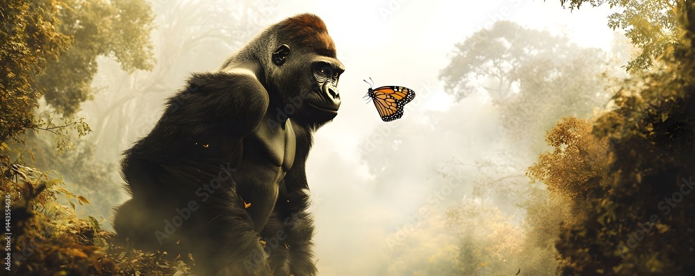 Obraz premium Gorilla observes a monarch butterfly in a misty jungle setting