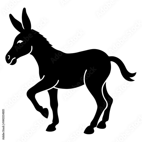 A black silhouette of a donkey kicking up its hind legs with energy