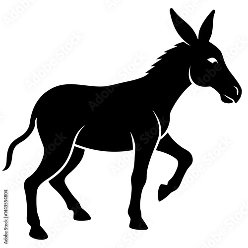 A black silhouette of a donkey kicking up its hind legs with energy