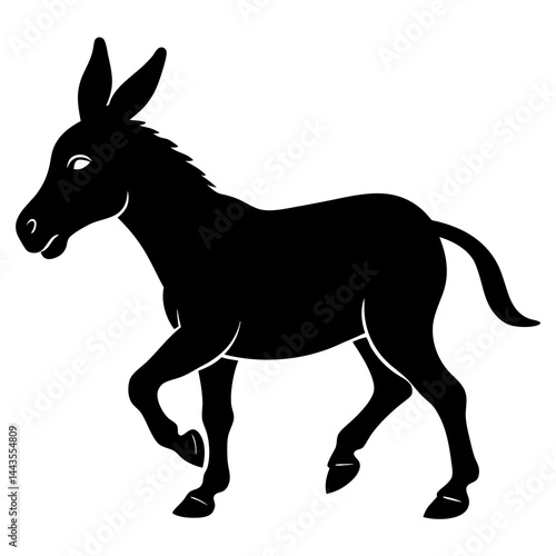 A black silhouette of a donkey kicking up its hind legs with energy