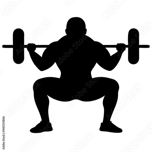 A black silhouette of a man performing a deep barbell squat, demonstrating strength and powerlifting technique