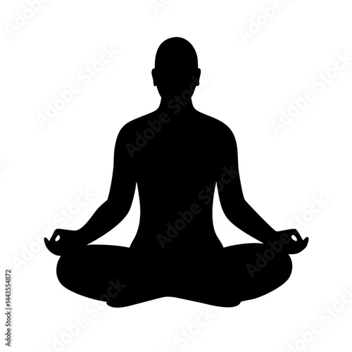 A black silhouette of a man sitting in a lotus position, meditating with his hands resting on his knees, conveying a sense of peace and mindfulness