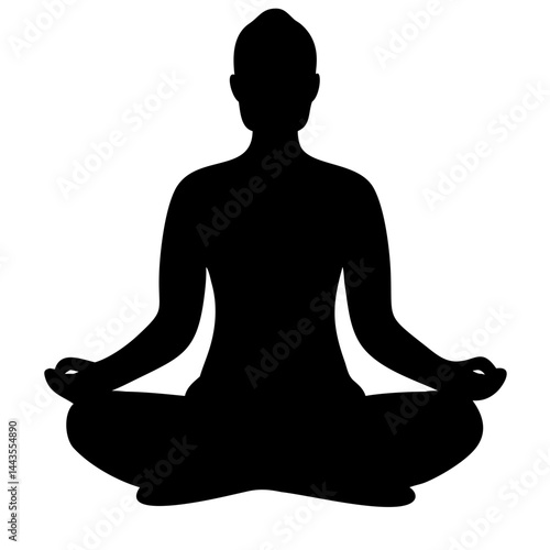 A black silhouette of a man sitting in a lotus position, meditating with his hands resting on his knees, conveying a sense of peace and mindfulness