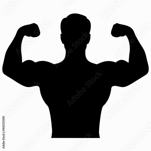 A black silhouette of a very muscular man flexing both arms to show off his biceps and physique