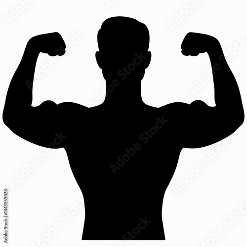 A black silhouette of a very muscular man flexing both arms to show off his biceps and physique