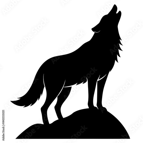 A black silhouette of a wolf howling on a rock