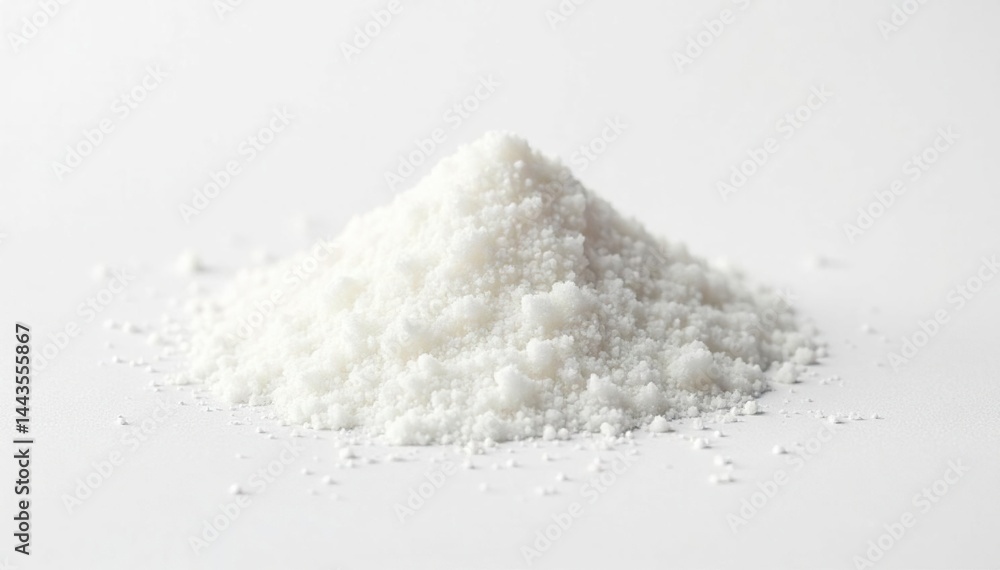 Pile of white granulated sugar on white background, sweetness, sweetener Pile of white granulated sugar on white background, sweetness, sweetener