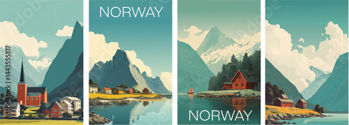 Norway vintage style travel poster set. Collection of scenic art deco retro tourism illustrations