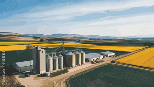 This vector image depicts a modern grain storage facility surrounded by vibrant fields and rolling hills, showcasing agricultural beauty. Perfect for showcasing rural life and farming.