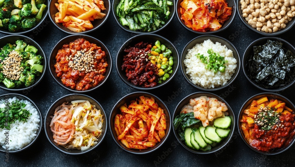 Diverse array of Asian-inspired dishes in small bowls Diverse array of Asian-inspired dishes in small bowls