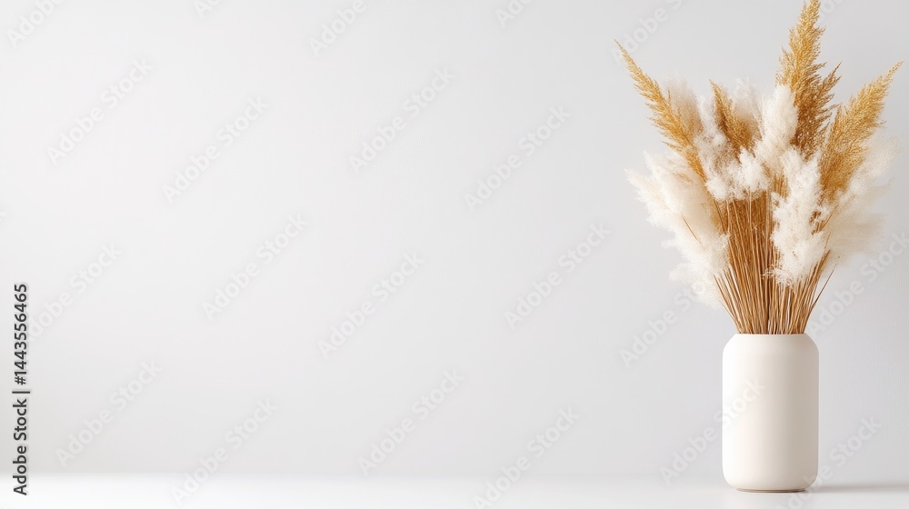 Naklejka premium A white ceramic vase holding dried pampas grass on a minimalist white table, soft neutral tones, elegant home decor, and simple composition.