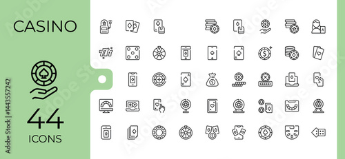 Casino icon collection. Pack of gamble, dice, ace, card, jackpot, bet and more. Sign and Symbol. Gambling icon set. Vector illustration in modern line style.