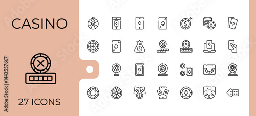 Casino icon collection. Pack of gamble, dice, ace, card, jackpot, bet and more. Sign and Symbol. Gambling icon set. Vector illustration in modern line style.