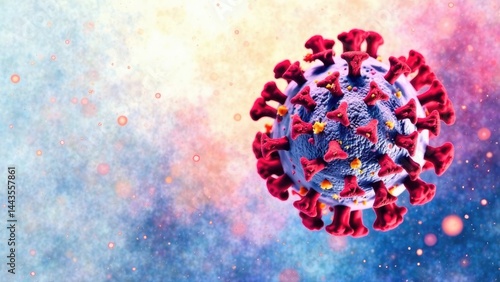 Close-up of coronavirus bacteria model, microvirus on colorful background. Worldwide pandemic and fight against COVID 19 virus. Coronavirus outbreak and coronaviruses influenza concept