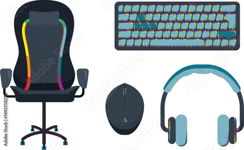 RGB black gamer vector set up set- gaming chair, keyboard, mouse and headset black with RGB lights gamer style