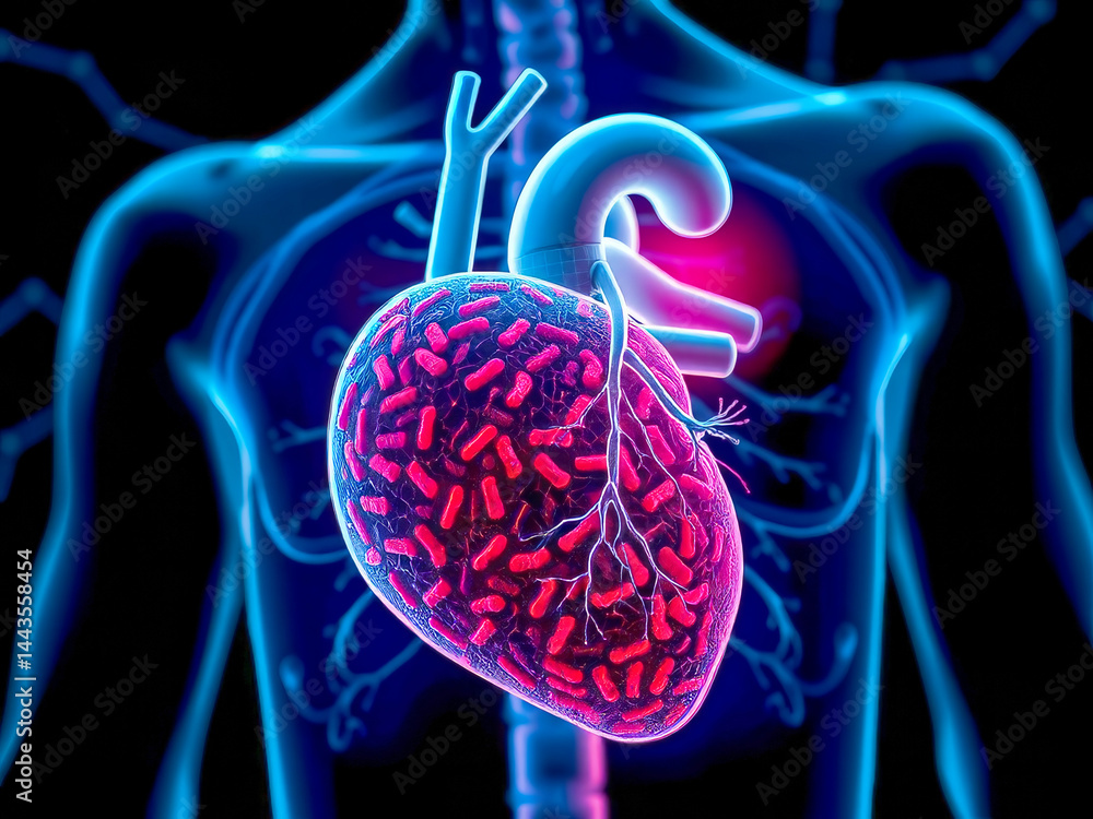 A heart with red and white spots on it. The heart is surrounded by a blue background. The heart is the main focus of the image