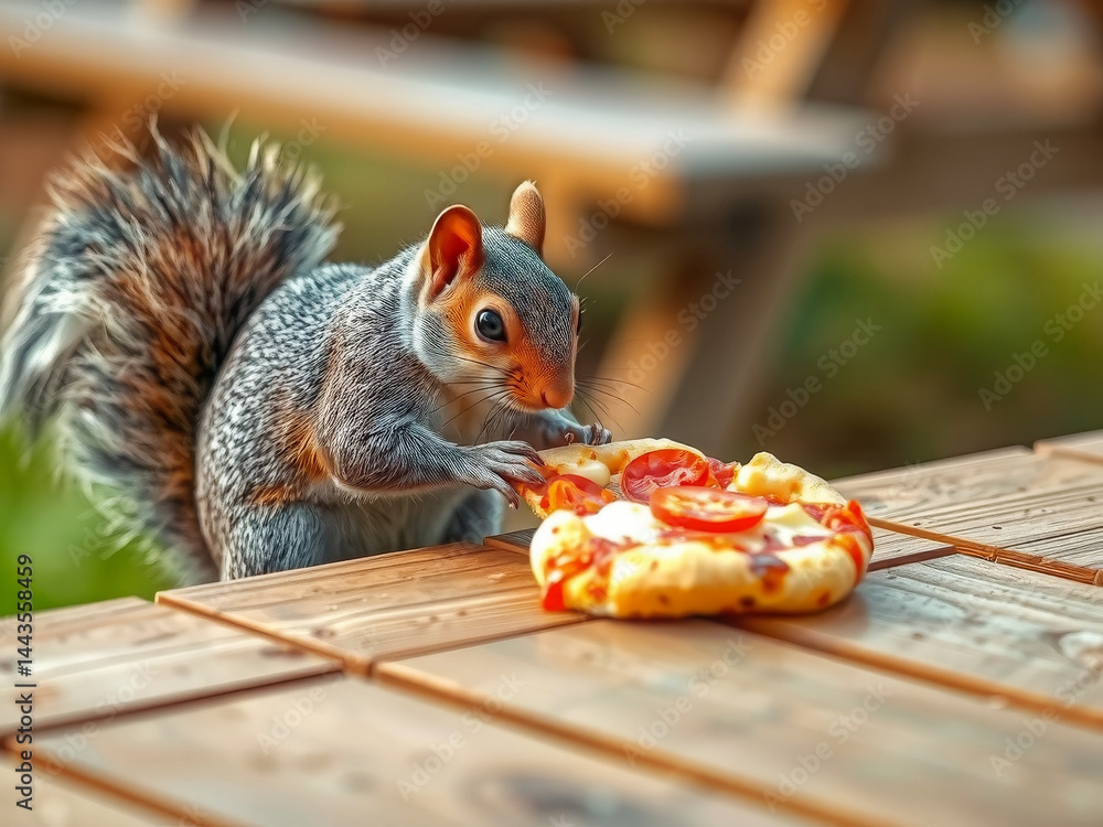 A squirrel is eating a slice of pizza on a wooden table. The scene is lighthearted and playful, as the squirrel is not a typical diner