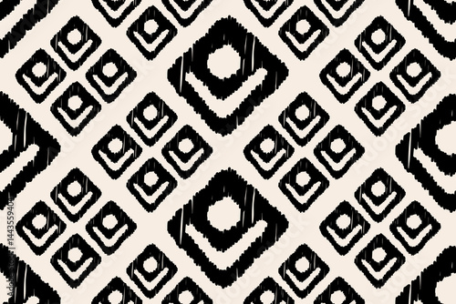 Abstract ikat geometric seamless pattern. Hand-drawn Motifs Ikat ethnic tribal with vintage floral and lace elements in retro decorative style.Aztec traditional textile design.Illustration for fabric.