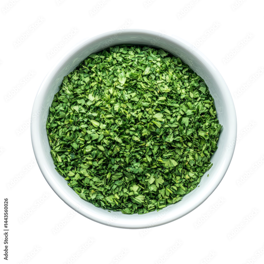 Dried parsley leaves in a transparent bowl on a transparent background for culinary use and decoration purposes, dried parsley in a bowl isolated on transparent background Dried parsley leaves in a transparent bowl on a transparent background for culinary use and decoration purposes, dried parsley in a bowl isolated on transparent background