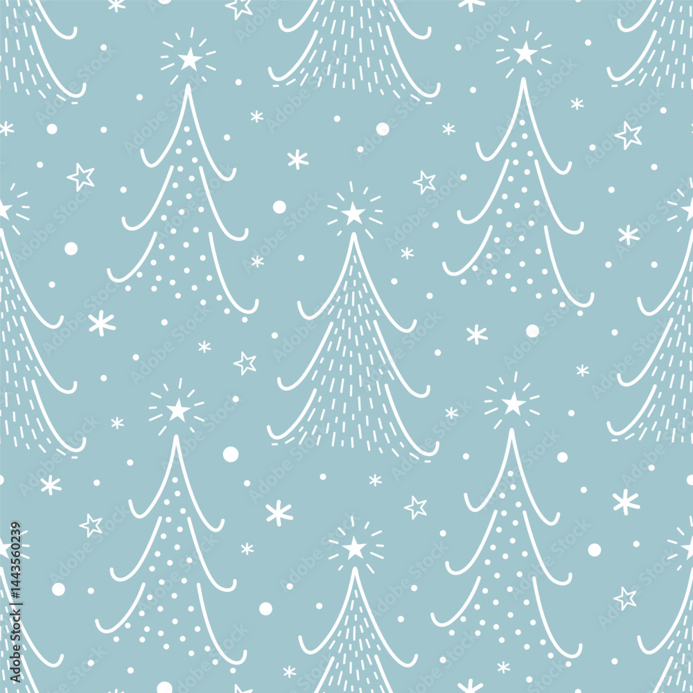 Christmas Seamless Pattern. Hand Drawn Christmas Trees, Snowflakes, Stars. Trendy Holiday Abstract Design. Greeting Card, Banner, Packaging Template. Vector Illustration in Blue, White Christmas Seamless Pattern. Hand Drawn Christmas Trees, Snowflakes, Stars. Trendy Holiday Abstract Design. Greeting Card, Banner, Packaging Template. Vector Illustration in Blue, White