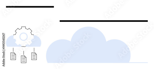 Cloud and gear icon represent automation, connected to files symbolizing data storage and sharing. Ideal for cloud computing, workflow, collaboration, integration, data management, hosting, flat