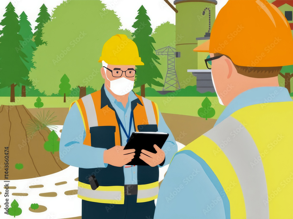 Two men wearing safety gear and holding tablets, one of them is wearing a mask. They are standing in a forest