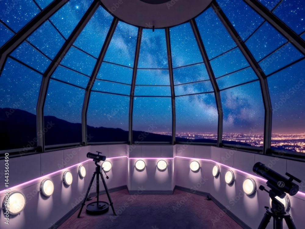 A telescope observatory with a view of the stars and a city in the distance. The atmosphere is serene and peaceful