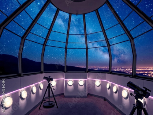 Obraz na płótnie A telescope observatory with a view of the stars and a city in the distance. The atmosphere is serene and peaceful w salonie