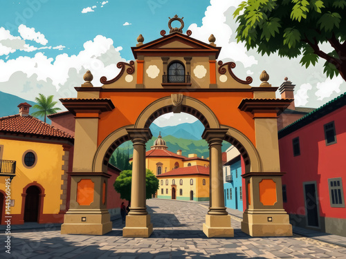 A large archway with a building in the background. The archway is orange and the building is yellow. The scene is set in a town with a cobblestone street