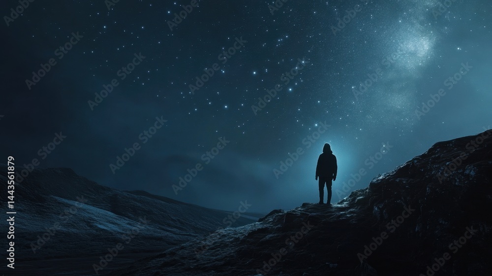 Fototapeta premium A lone figure stands under a starry night sky, exploring the vastness and beauty of the universe in silence and awe.