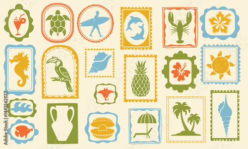 Summer beach tropical travel stamp, vector hand drawn ocean surf print set, coastal postage design. Exotic flowers fruit silhouette, vintage Hawaii island tourism symbol. Travel stamp retro graphic 