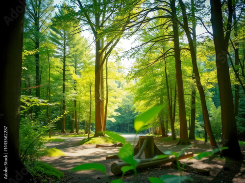 Obraz na płótnie A forest with a bench in the middle of it. The bench is surrounded by trees and the sunlight is shining through the leaves w salonie