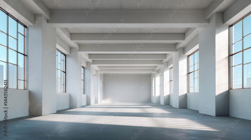 Fototapeta premium Empty room with large windows on both sides of the room. the room has a high ceiling with exposed beams and large windows that let in natural light.
